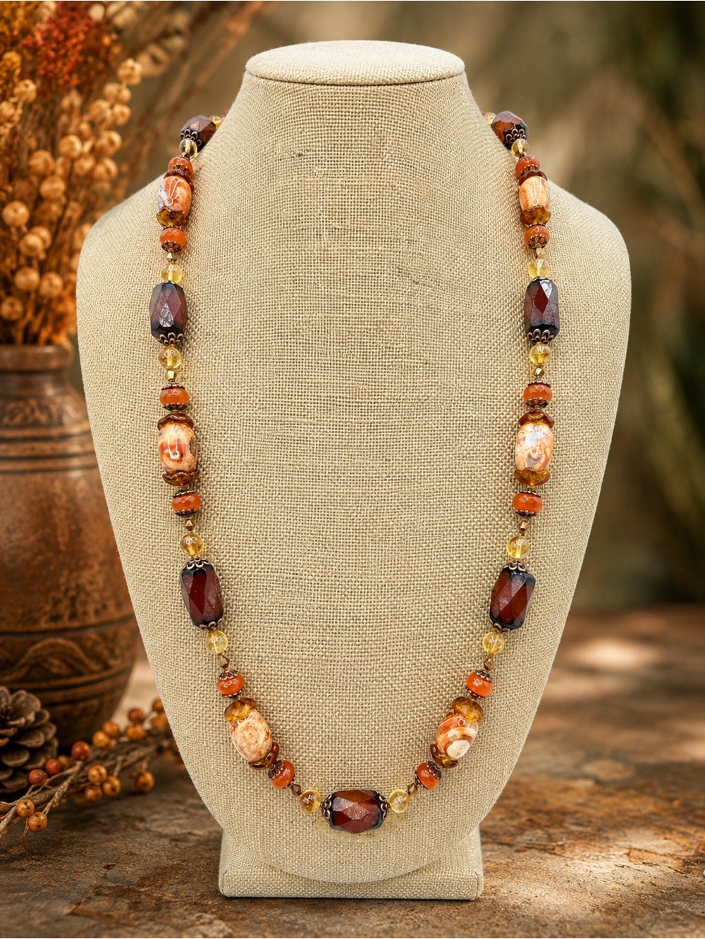 Artisan Hand Knotted Jasper Carnelian Rutilated Quartz Copper Necklace 32” Czech